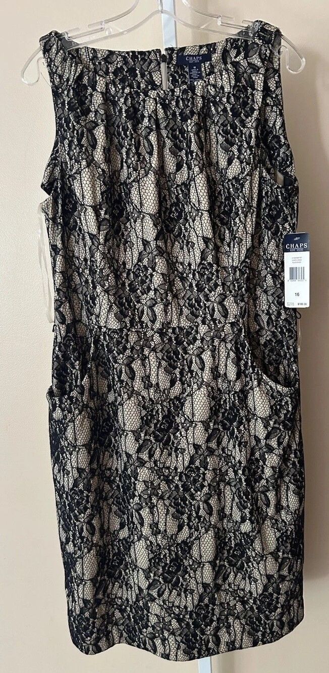 Chaps Black Lace Overlay Beige Dress Sleeveless Stretch Ruching 16M Pockets